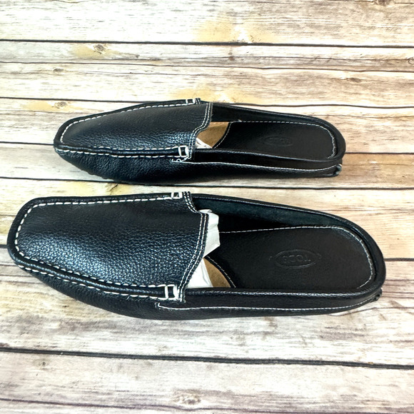 Tod's Womens Black Pebbled Leather Square Toe Slip On Mule Driving Shoes 40/9 - Picture 4 of 9